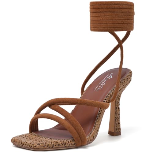 Image of Mostrin Womens Sandals Strappy Heels for Women Lace Up Square Open Toe Heels Tie Up High Heeled Sandals for Prom, Party, Daily Wear