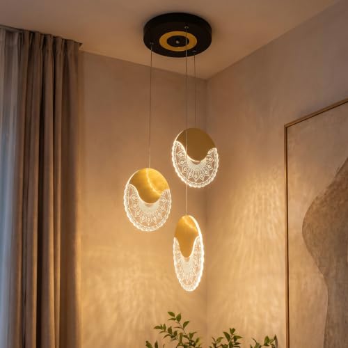 Image of Lamp master 3 Lumiround Modern LED Pendant Light | Premium Gold Finish Acrylic Hanging Ceiling Light | Adjustable Height | Decorative Chandelier for Living Room, Bedroom, Dining Room | Warm White