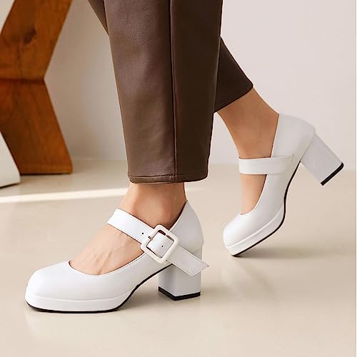 SHEMEE Women's Square Toe Mary Janes Chunky Heels Platform Shoes Ankle Strap Buckle Block High Heel Dress Pumps3