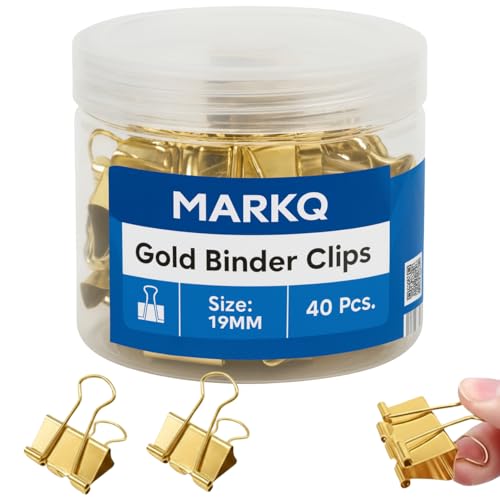 MARKQ Gold Binder Clips Durable Metal Foldback Paper Clamps Strong Office & School Paper Clips for Documents Notes and Home Organization - Small 19mm - Pack of 40