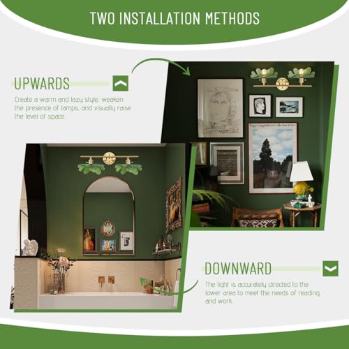 Image of Green Bathroom Vanity Lights Over Mirror, 2 Light Vintage Wall sconces with Glass Shade Bathroom Sconce mid Century Wall Sconce Light Gold Wall Lighting Fixture for Bedside Bedroom Doorway