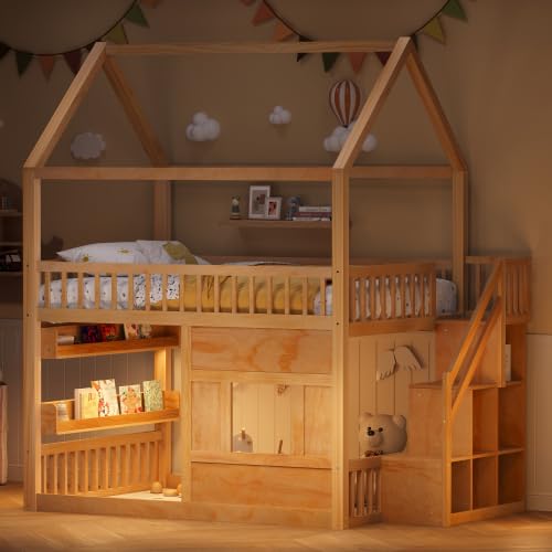 Image of Bellemave Bunk beds Full Over Full with Storage Stairs,Two Placement Methods,House bunk Bed, Pink