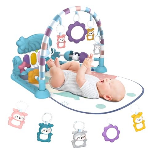 Lexixi ibao Baby Play Gym Mat - Tummy Time, Kick Piano for Infant Activity Mat with 5 Sensory Toys, Music and Lights - Blue