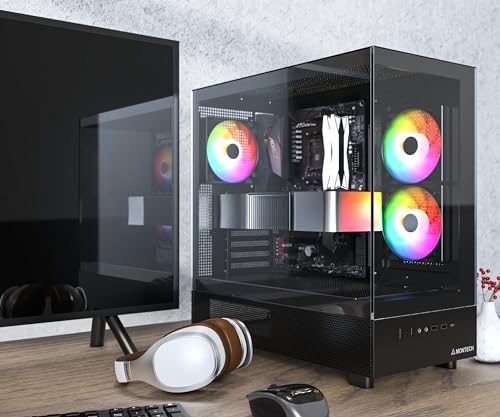 MONTECH XR、ATX ミッドタワー PCゲームケース、3 x 120mm ARGB PWMファンがプリインストール済み、フルビューデュアル強化ガラスパネル、木目デザインI/Oインターフェース、4090 GPU対応、360mmラジエーターサポート、ブラック。
