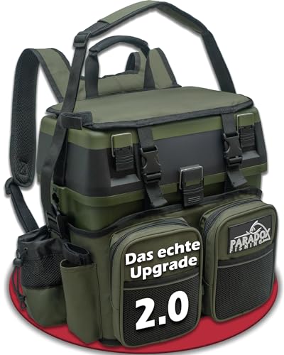 Paradox Fishing 3-in-1 Multifunktions-Sitzkiepe I Angelrucksack I Angeltasche Angelkoffer mit Sitz Angelkoffer- viel Platz für Angelzubehör (schwarz/grün)
