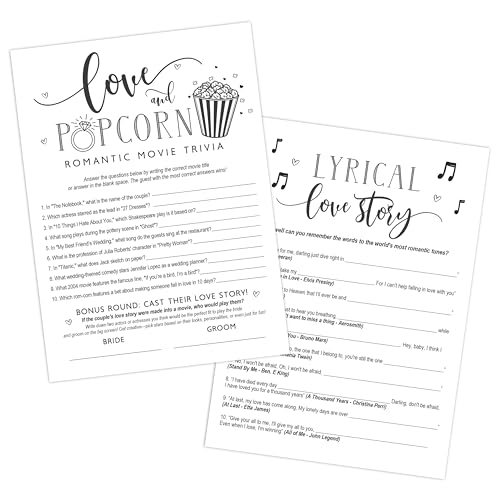 Bridal Shower Game Pack, Guess The Love Song Lyrics and Romance Movie, Lyrical Love Story and Love and Popcorn Games, Fun Wedding, Engagement & Bachelorette Party Trivia Games, 50 Game Cards Each