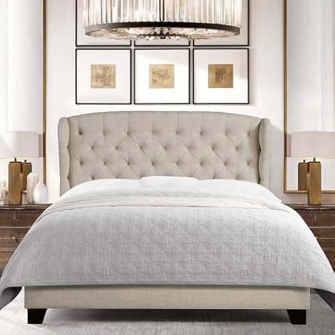 Hevaotry Velvet Upholstered Bed Frame with Classic Diamond Design Headboard for Bedroom, Solid Wood and Metal Bed Frame, Beige Cover