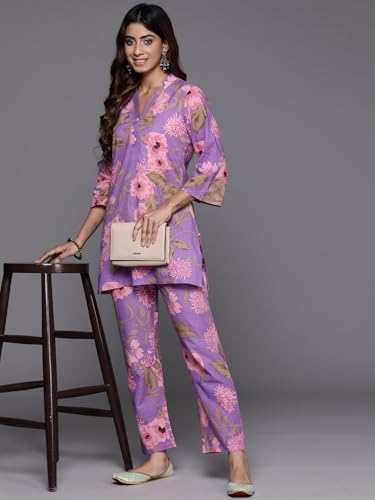 Image of Varanga Women Lavender Floral Printed Cotton Co-Ords