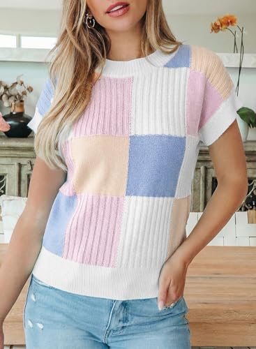 Image of EVALESS Short Sleeve Sweater for Women Crewneck Color Block Knit Tops 2026 Summer Trendy Cap Sleeve Sweater Vest