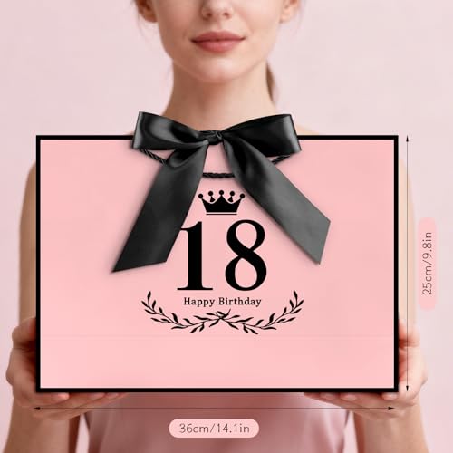 Image of JMANNI 18th Birthday Gift Bag, Pink with Black Satin Bow & Crown Design, Large Happy 18th Birthday Present Bag for Party Favors, Size 14.17 inchx9.84 inchx4.33 inch