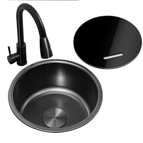 ブラックラウンドステンレスシンク、蓋と引き出し式蛇口付き、キビ粒テクスチャ、耐摩耗性、お手入れ簡単、RV、アパート、バーに最適(30x30x16.5cm)