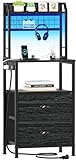 Furologee 40'' Tall Nightstand with Charging Station, Bedside Table with LED Lights, End Table with 2 Drawers and Storage Shelves, Night Stand with Pegboard for Bedroom, Black Oak