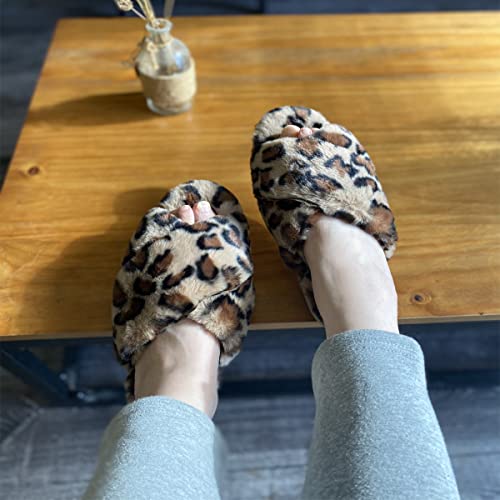 VONMAY Women's Soft Cross Band Slippers Plush Furry Slides Faux Fur Open Toe Comfy Slip On House Shoes2