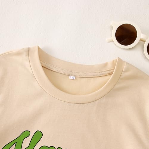 Image of MODNTOGA Kids Girls St Patricks Day Shamrock Graphic T-Shirt Happy Go Lucky Print Shirt Green Clover Short Sleeve Tee Tops (Beige, 8-9 Years)