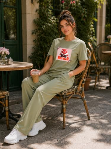 Image of ELVIA Women's Pure Cotton Top and Pyjama Co-Ord Set | Hot Head Graphic Printed Night Suit | Regular Fit Half Sleeve Round Neck T-Shirt with Pajama Loungewear Sleepwear Set for Women