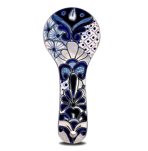 COBAZUL Talavera Spoon Rest - Handmade Mexican Utensil Holder - Vibrant Ceramic Spoon Rest for Stove or Counter - Colorful Kitchen Decor Accent (White & Blue)