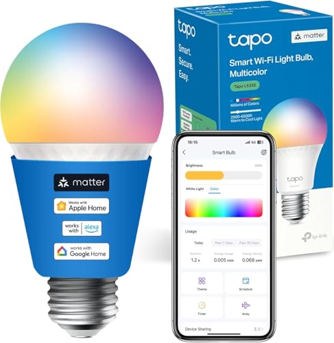 Tapo L535E - Bombillas inteligentes, 1055 lúmenes de alto brillo (equivalente a 75 W), Multicolor, 2500-6500k regulable, Compatible con Matter, Alexa y Google