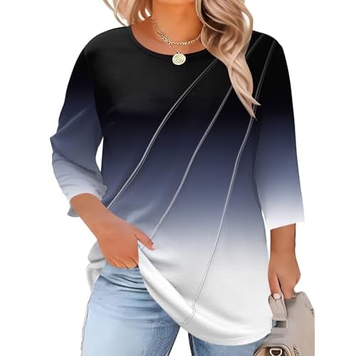 LOMON Womens Plus Size Tops 3/4 Length Sleeve Womens Tops Pleated Crewneck Fall Shirts Summer Blouses 2026 (1X-5X)