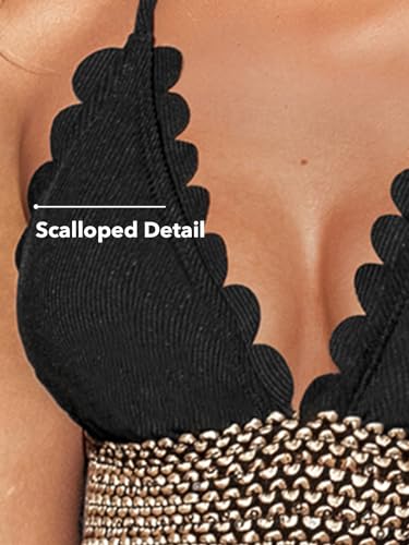 CUPSHE Women's One Piece Swimsuit Halter Back Tie Scalloped V Neck Textured Contrast Stitching3