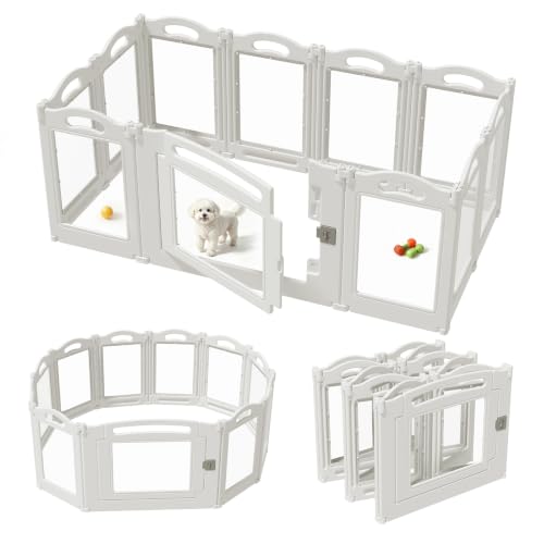 Image of Foldable Clear Acrylic Dog Playpen with Door, 23.6 inch Acrylic Puppy Playpen, Easy Assemble Indoor Pet Fence with White Frame, Clear Dog Playpen for Puppies & Animal (White, 23.6'H, 10 Panels + 1 Door)