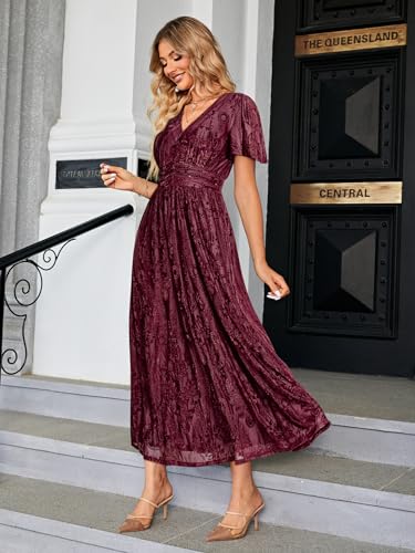 Image of Simplee Women's V Neck Velvet Maxi Dress Short Sleeve Empire Waist Long Formal Dress for Wedding Guest