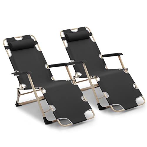 Magshion Folding Beach Lounge Chair 2 Pack Lawn Recliner Folding Portable Chaise Lounge Patio Chairs With Adjustable Headrest For Poolside Backyard Beach, 300 Lbs (Black) #TOP22