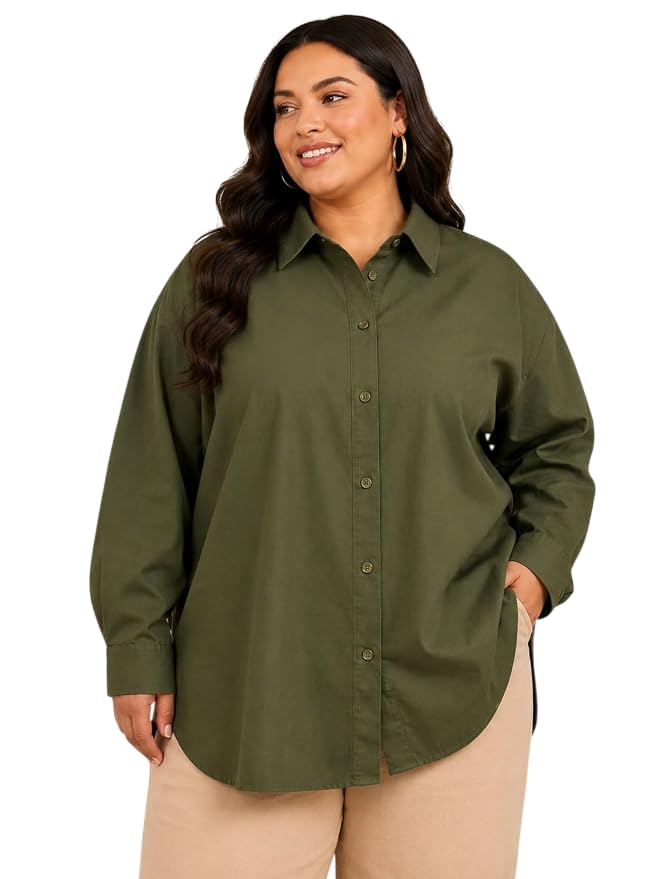 Women's Oversized Cotton Casual Shirt for Women | Full Sleeve Button Down Collared | Plus Size Relaxed Fit Solid Olive Green Shirt for Office Wear, College, Travel-picture-35