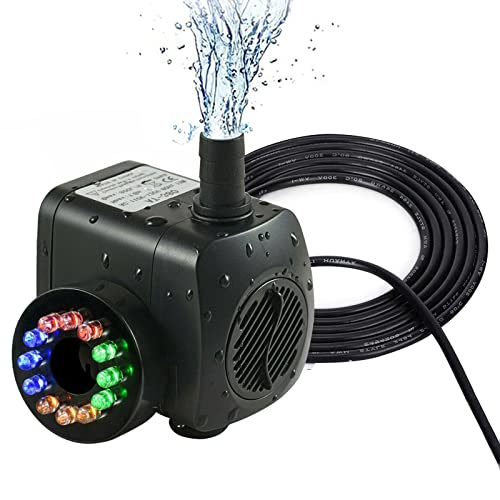 Wasserpumpe Aquarium, Aquarium Pumpe Leise, Teichpumpe Regelbar Selbstansaugend, Springbrunnenpumpe Garten mit Licht & 2 Düsen, Tauchpumpe Aquarium - Teich - Hydrokultur 15W 800L/H Filter Förderpumpe
