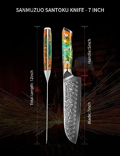 Santoku Knife - 7 inch - Xuan Series - VG10 Damascus Steel Kitchen Knife - Resin Handle (Fantasy Orange)