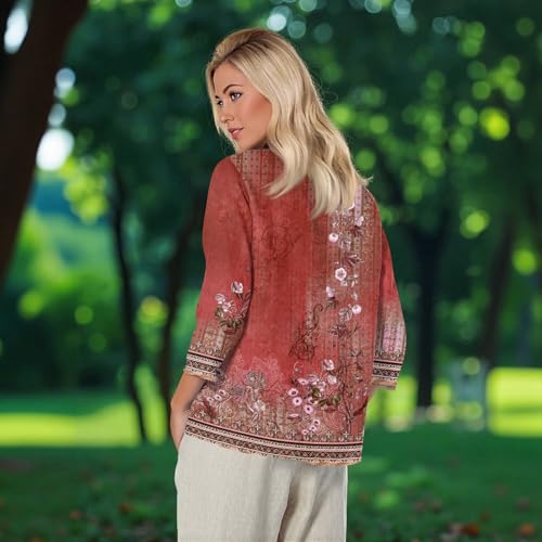 Fall T Shirts Women Loose Fit Linen 3/4 Sleeve Boat Neck Tops Dressy Casual Blouses Floral Print Elbow Sleeve Tops3