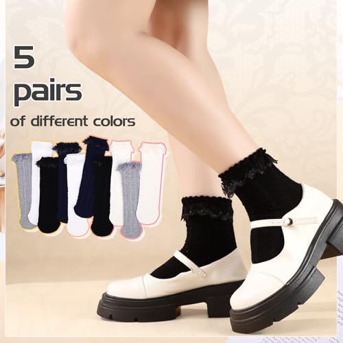 Jspupifip Womens Lace Crew Socks Ruffle Frilly Cotton Cute Princess Ankle Dress Lace Socks for Women Girls 5 Pack4