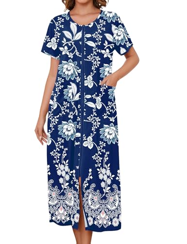 Image of Bloggerlove Zipper Front Robes for Women House Coat Half Sleeve Loungewear Long Nightgown with Pockets S-3XL