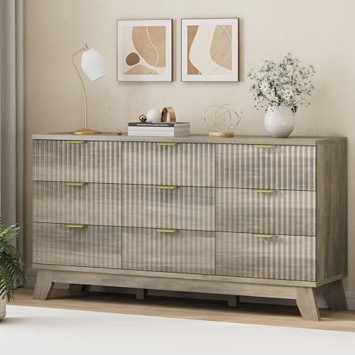 Image of Xixini Fluted Dresser for Bedroom with 9 Drawers, 57 inch Wide Modern Chest of Drawers with Metal Handle, Wooden Dresser TV Stand, Wood Closet Clothes Storage Organizer for Living Room, Hallway, Grey