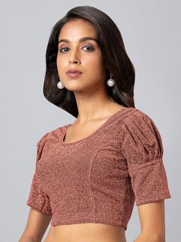 Image of Amazon Brand - Anarva Women's Readymade Shining Lycra Stretchable Round Neck Half Sleeve Blouses