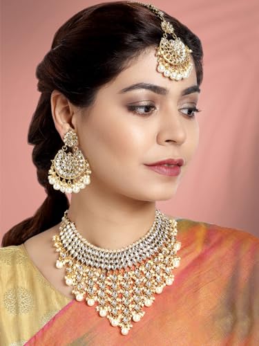 Image of Peora Kundan & Beads Studded Necklace Earrings & Maangtikka Set Ethnic Jewellery for Women & Girls