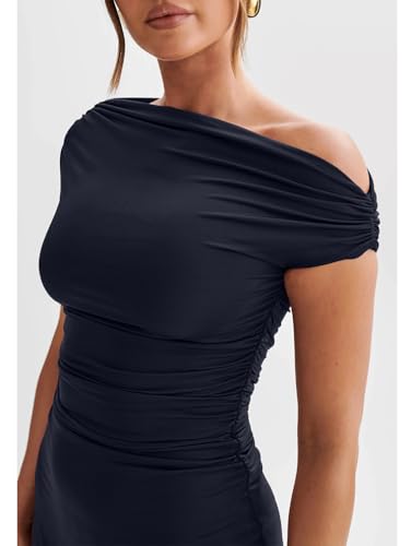 Image of LAGSHIAN Womens Off Shoulder Sleeveless Ruched Flare Mini Dress | Sexy,Summer,Slim Fit,Stretch,Trendy,Double Layer,A-line,Cocktail Party,Club,Night Out,Date,Asymmetrical Shoulder