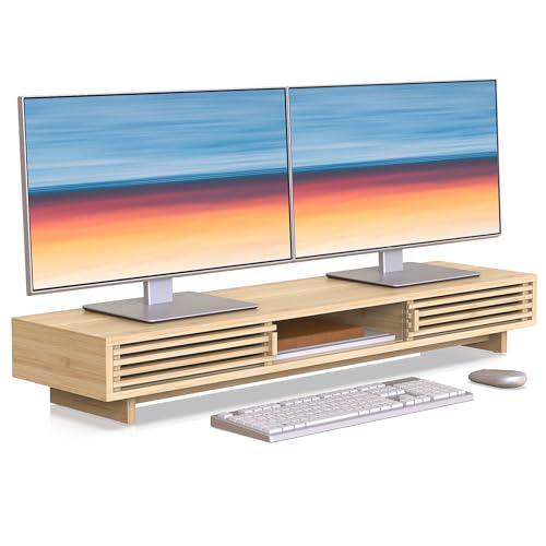 WELL WENG Dual Monitor Stand Riser with Sliding Door, Double Computer Laptop Stand Desk Shelf Organizer with Storage (Natural Bamboo, 38 Inch)