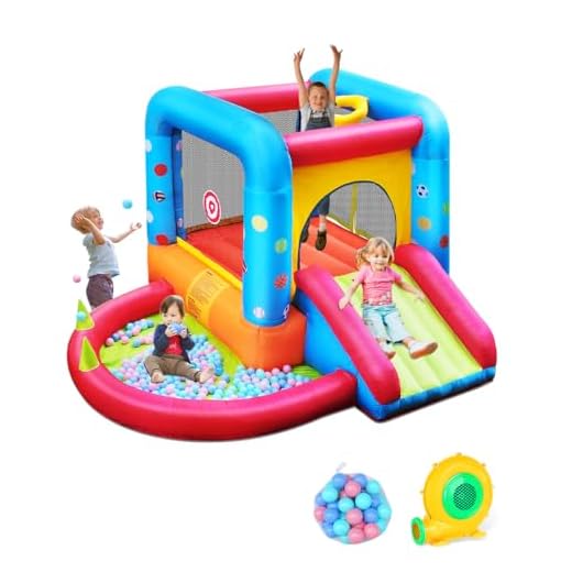 Step4Fun Inflatable Bounce House, Kids Castle Slide Bouncer for Children Jumping Outdoor and Indoor Party, Baby Backyard Water Jumper Toy with Blower, Ball Pit Pool, Ideal Gifts（112 x 98 x 65”）
