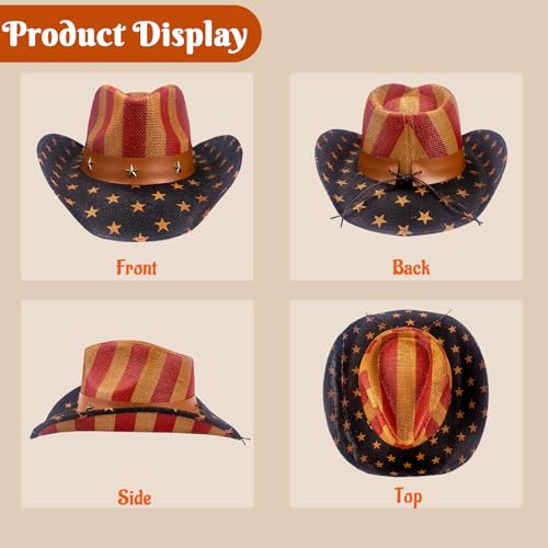 Image of Evankin American Flag Hat, USA Western Cowboy Hat on July 4th | American Flag Hat, 4th of July Patriotic Hat,USA Western Cowboy Hat, Straw Weaving Star,Summer Sunhat for Men and Women