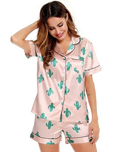 Image of SWOMOG Womens Silk Satin Pajamas Short Sleeve Sleepwear Button Down Loungewear Two-Piece Pj Set