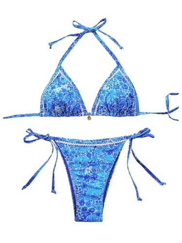 MakeMeChic Women's Floral Swimsuits Halter Triangle Tie Back String Thong Bikini Set Beachwear