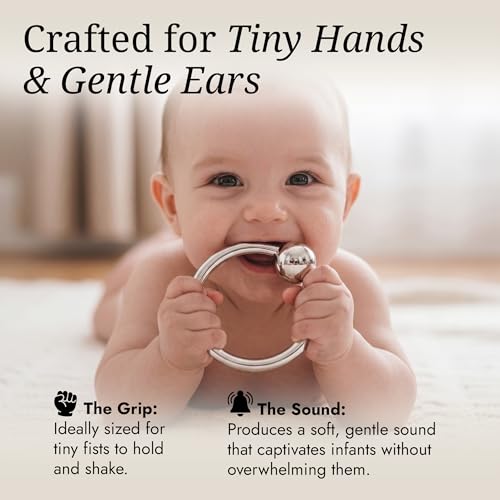 Image of Baby Teether Rattle Ring for Boy and Girl, 925 Sterling Silver, Newborn Gifts for Babies 0-12 Months, Non-Tarnishing, Beautiful Box Packaging, Custom Engraving Available