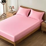 VACVELT 3-Piece Satin Fitted Sheet Set Queen Size, Pink Bottom Bed Sheet with 2 Pillowcases, Similar to Silk Sheets, Luxury & Silky Bedding Set, 15 Inch Deep Pocket