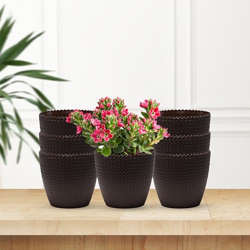 DOAP 6 Inch Premium Plastic Flower Pots for Indoor & Outdoor Plants | Virgin Quality, Optional Drainage Holes, Attractive Woven Design Planters for Tabletop, Balcony, Office Decor (7, Black)