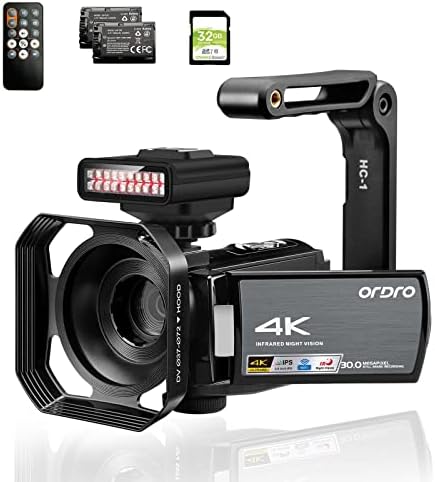 ORDRO 4K Camcorder Video Camera FHD 1080P 60FPS 48MP WiFi Video Camera Recorder 4K IR Night Vision Camcorder 3.0'' IPS Infrared Camera Ghost Hunting Camera w IR Night Light, 32GB SD Card，2 Batteries