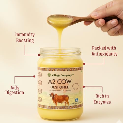 Village Company A2 Cow Desi Ghee 250ML | Gir Ghee Vedic Bilona Method | Organic Pure Natural | Two Way Curd Churned - Best Farm Fresh Grass Fed Cattle Milk | India Lab Certified | Glass Jar 250 ML