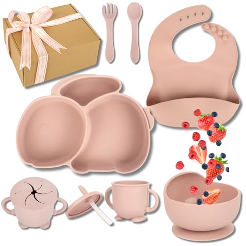Vajilla bebé silicona 9 piezas Divergiana - Vajilla infantil con babero, plato compartimentado, cubiertos, vaso antiahogo 2 en 1, bowl ventosa, caja regalo, BPA Free