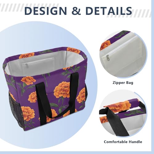 JUNZAN Purple Floral Vintage Utility Bag Foldable Beach Bags Water Resistant Reusable Grocery Bag Canvas Tote Bag For Car3