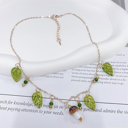 Mushroom Green Leaf Choker Necklace for Women Gold Plated Glass Glaze Red Mushroom Charm Pendant Necklaces Adjustable Chain Hypoallergenic Fashion Jewelry for Holiday4