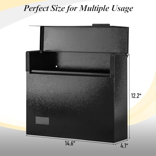 Image of xydled Large Wall Mount Mailboxes for Outside,Hanging Metal Mail Box, Black | Textured Steel Modern Post Box Drop Box for Outdoor House Home, ideal for magazines and mail storage, 14.6''x12.2''x4.1''